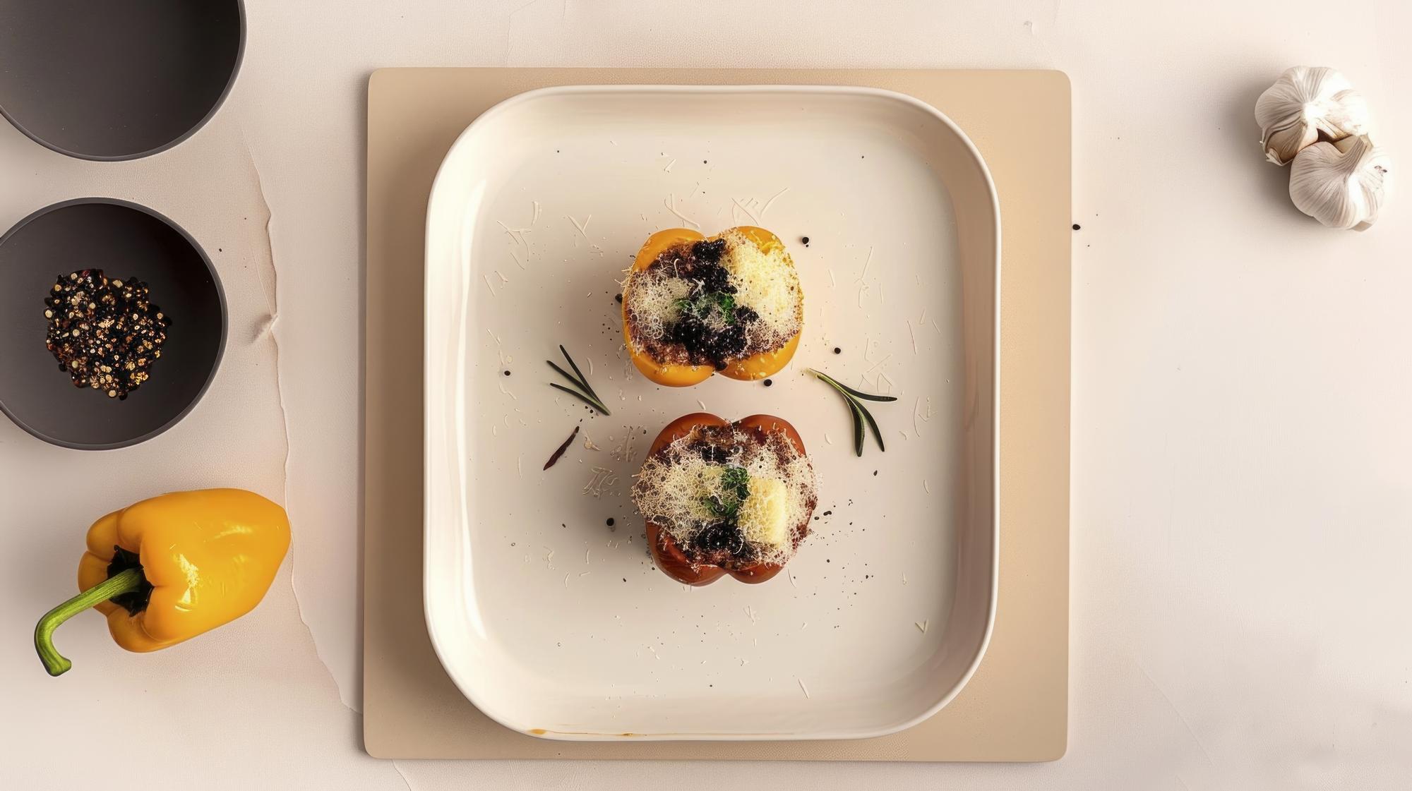 Layered composition of plated entree and side