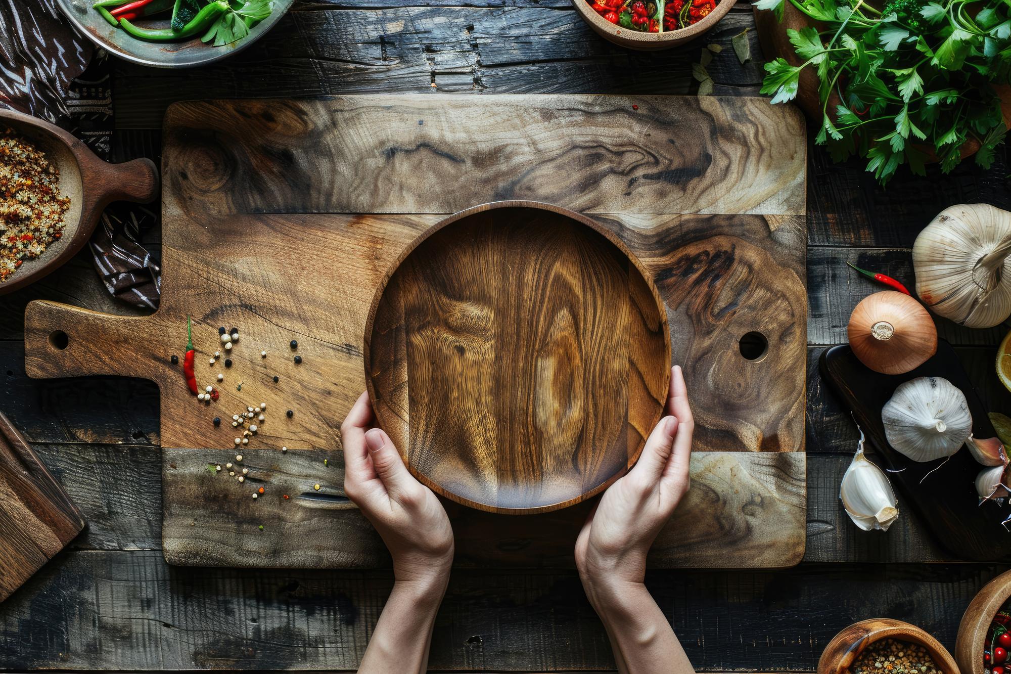 Instructor arranging plated dish on wooden table